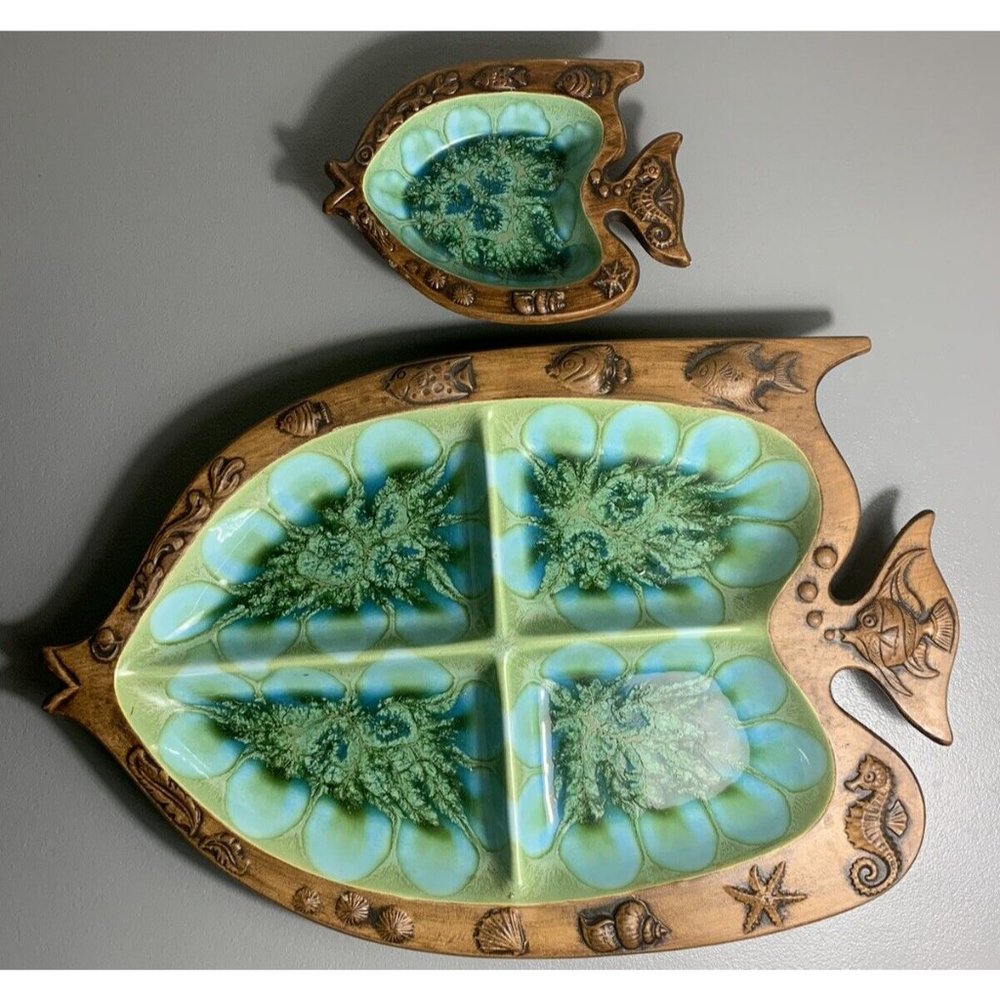 Set of Treasure Craft Fish Serving Platter and Cheese Dish Teal Blue Green USA